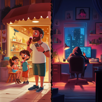 The image is split into two halves: on the left, a man and two children enjoy ice cream in a brightly lit shop during the day, while on the right, a hooded figure works on multiple computer screens in a dark room at night